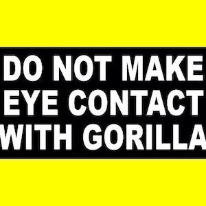 May include: Black and white sign with the text "DO NOT MAKE EYE CONTACT WITH GORILLA" on a yellow background.