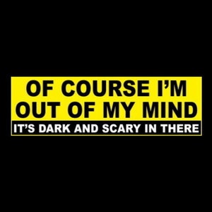 Funny &quot;Of Course I&#39;m Out of My Mind - It&#39;s Dark and Scary in There&quot; BUMPER STICKER window decal psycho sign rat rod, mentally unstable. new