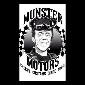 May include: Black and white illustration of a monster character wearing a racing helmet and goggles. The character is driving a car with the words "Munster Motors" and "Creepy Customs Since 1964!" on the side.