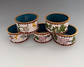 Vintage Cloisonné Emaille Bloemen Servetringen set