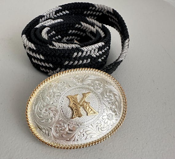 Silver and Gold Embossed K Belt Buckle Initial K Silver Engraved Gold Trim Western Belt Buckle  main image 3