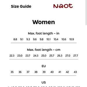 May include: Size guide for women's shoes with measurements in inches and centimetres, European and US sizes. The chart shows the maximum foot length for each size.