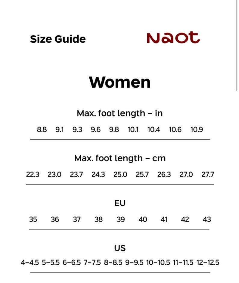 May include: Size guide for women's shoes with measurements in inches and centimetres, European and US sizes. The chart shows the maximum foot length for each size.