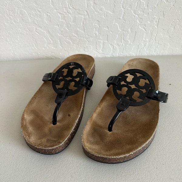 Tory Burch Miller Cloud Black Patent Leather Cork Thong Sandal