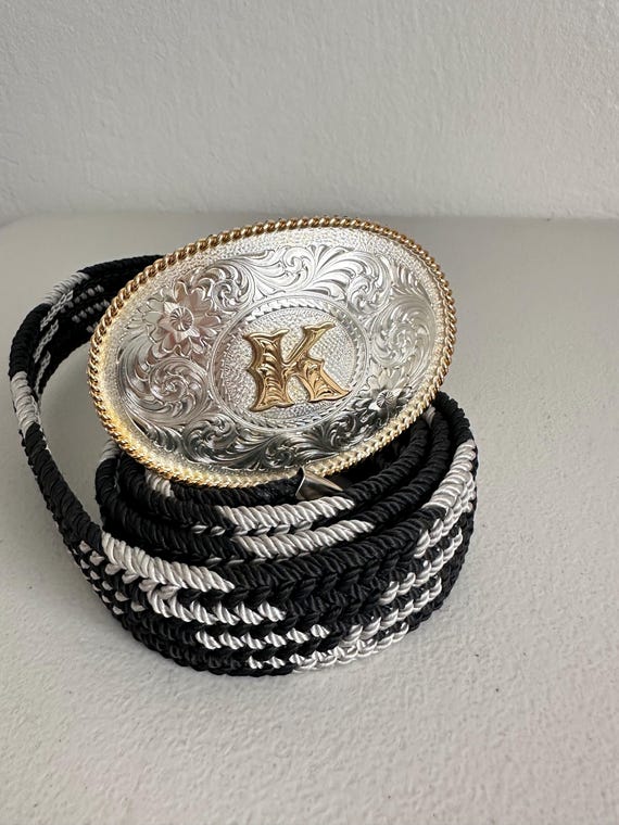 Initial K Silver Engraved Gold Trim Western Belt Buckle - Etsy display picture 2