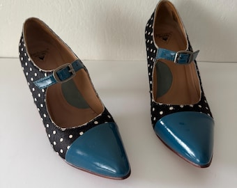 John Fluevog Malala Mary Jane heels in a Pony Dots & Teal colorway