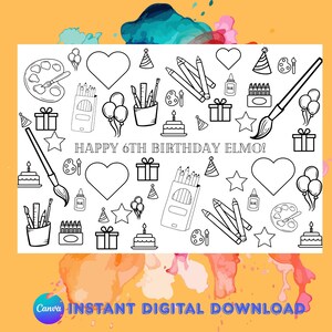 Puede incluir: Ilustración en blanco y negro con elementos temáticos de cumpleaños. Incluye pinceles, lápices, gorros de fiesta, regalos, globos y el texto "HAPPY 6TH BIRTHDAY ELMO!". También está presente el texto "Canva INSTANT DIGITAL DOWNLOAD".
