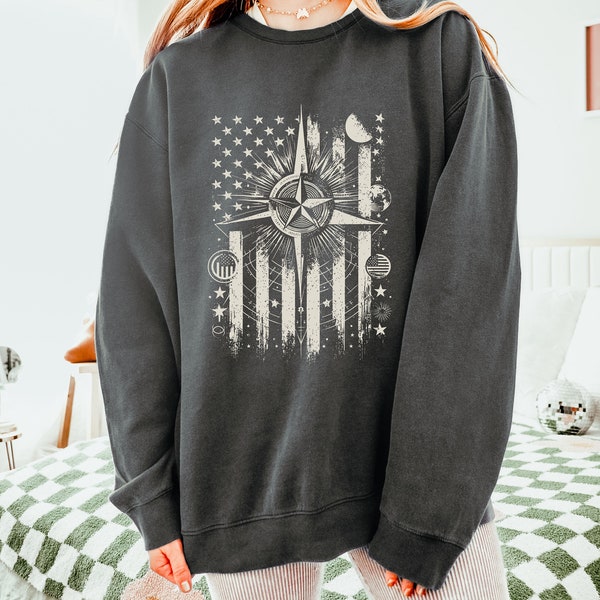 Nautical Star Sweatshirt, American Flag Sweatshirt, Aesthetic Sweater, Comfort Color, Long Sleeve