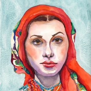 Mujer ucraniana, retrato en acuarela sobre papel
