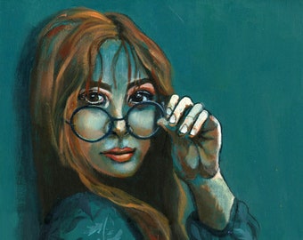 Brunette with Specs, woman's portrait, emergent style, acrylics and charcoal on thin birch board