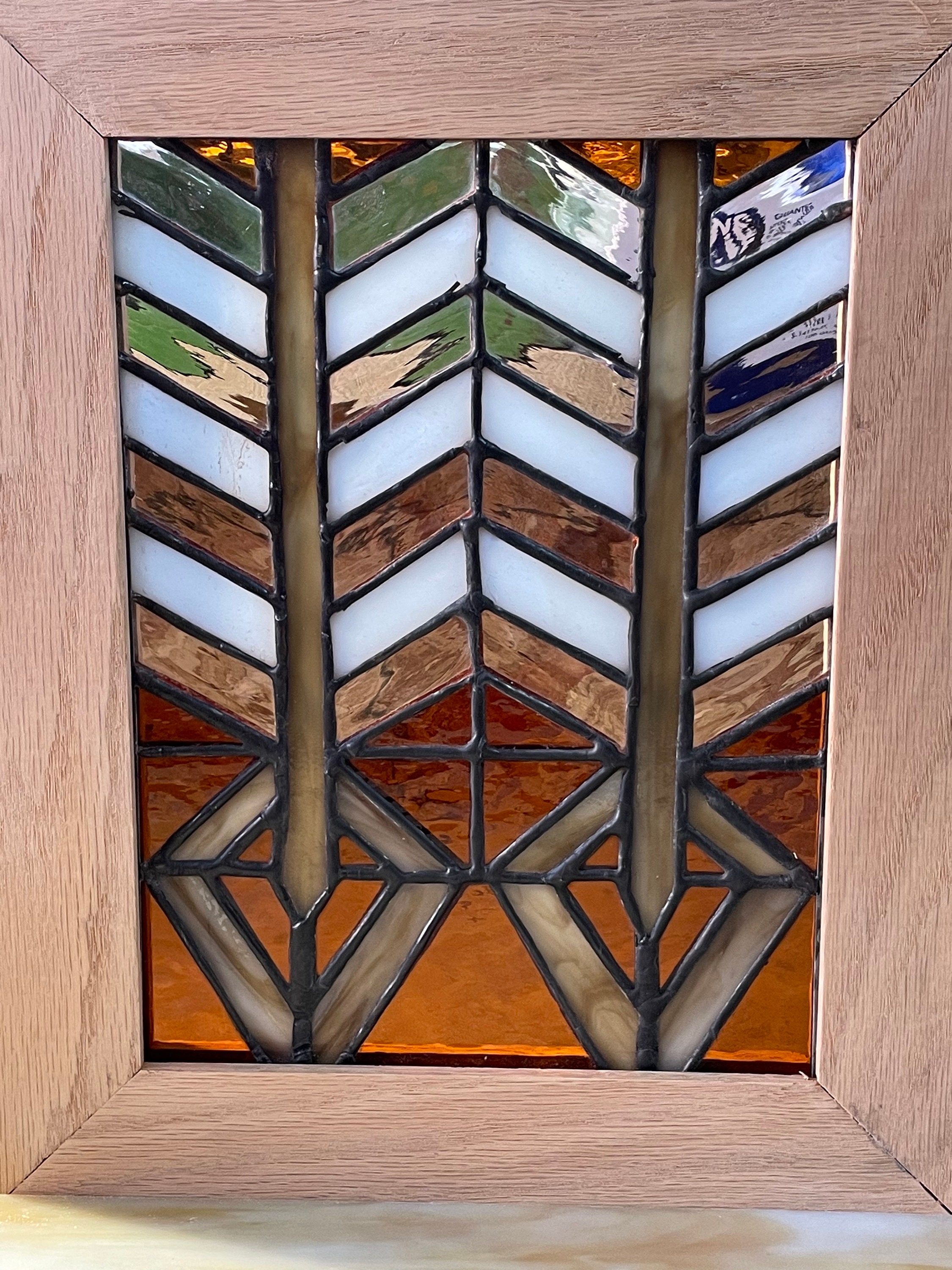 Geometrical Stained Glass Panel with Wood Frame Etsy
