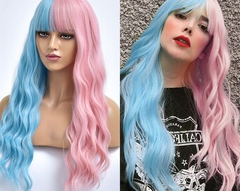 Half Black Half Blue Wig Etsy Half Black Half Blue Wig Etsy