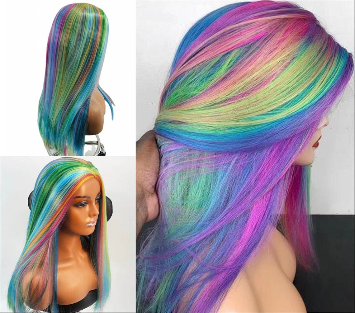 Rainbow Wig Multi Color Wig Highlight Wig Synthetic Wig Wavy Etsy Canada