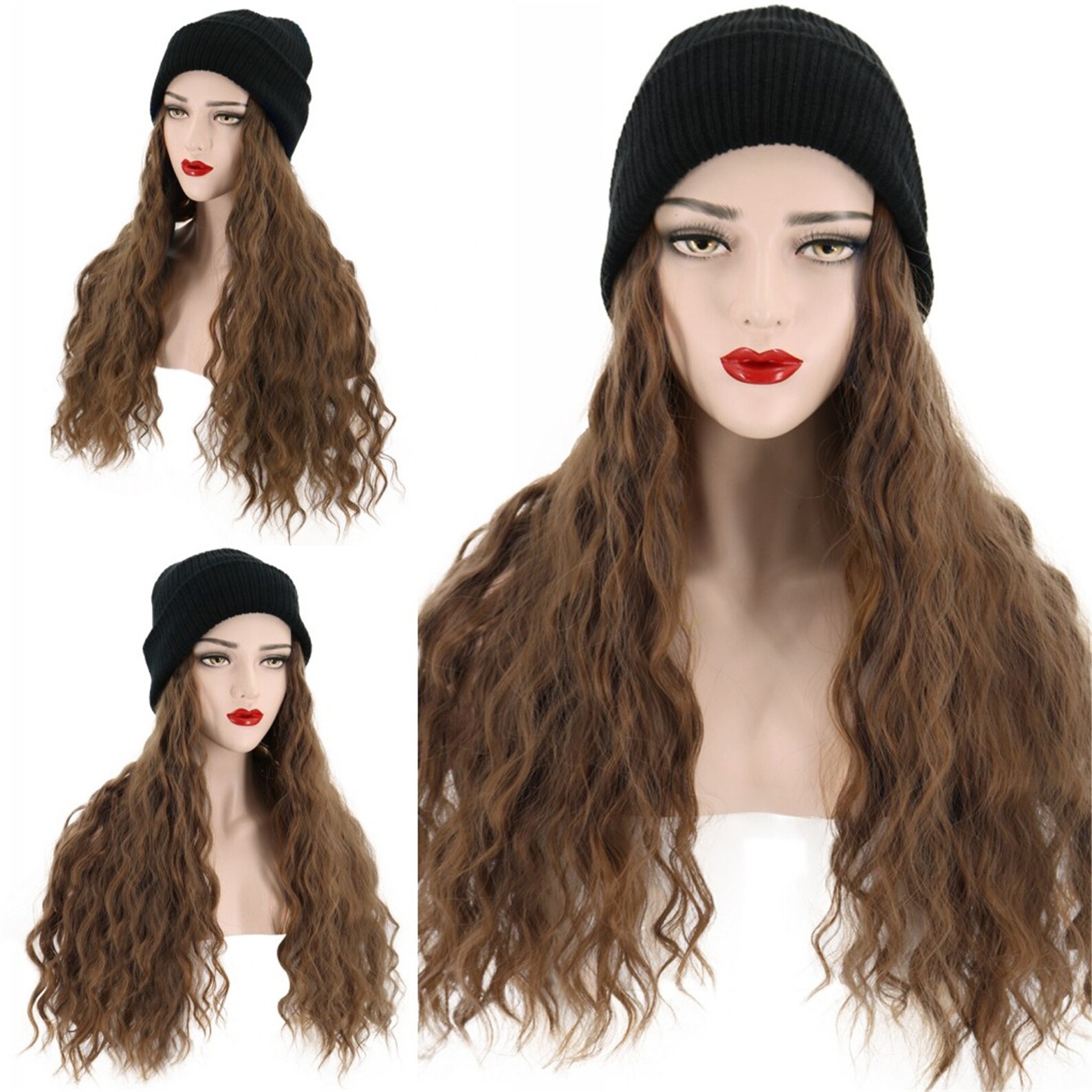 Knitted Hat Wig With Hair Attached/sewn Brown Heat Resistant Etsy