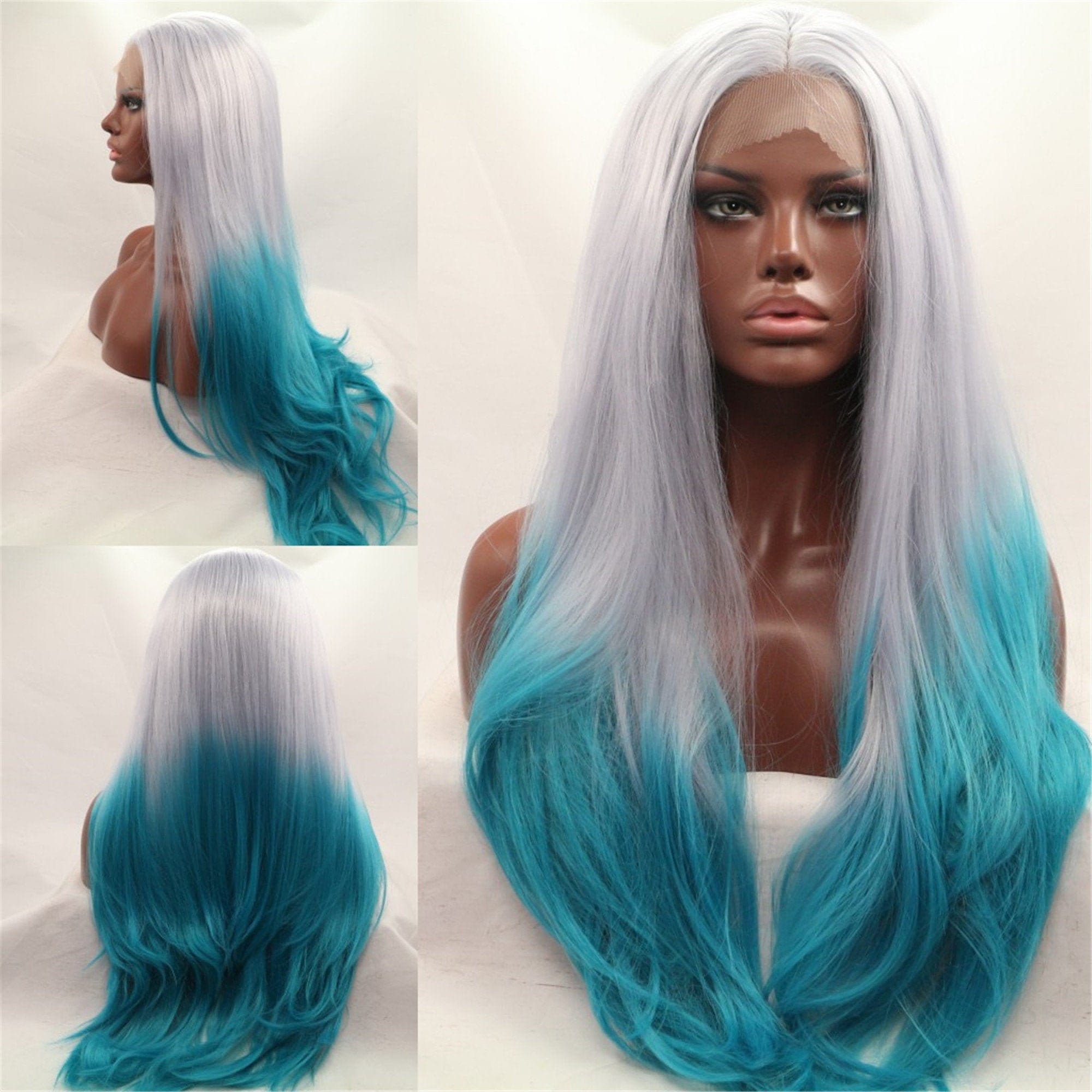 Blue ombre wig silver blue mixed wig 24 inch natural wavy wig Etsy