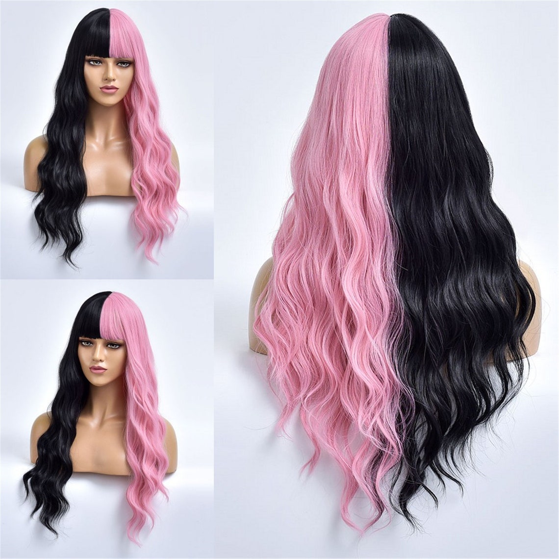 Half Pink and Half Black Wig Natural Wavy Wig 22 Inch Wig With Etsy