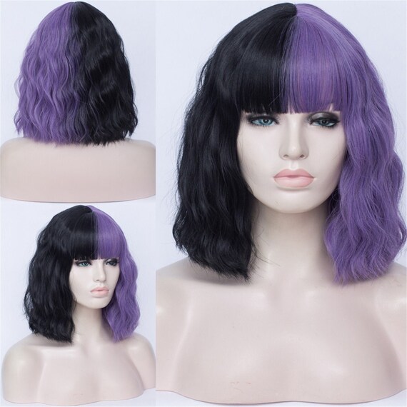 Two Tone Middle Part Wig Half Purple Half Black Natural Wavy Etsy