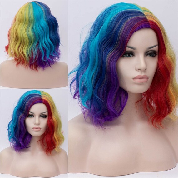 Multi color rainbow wig 12 inch wig with bang colorful Wig Etsy