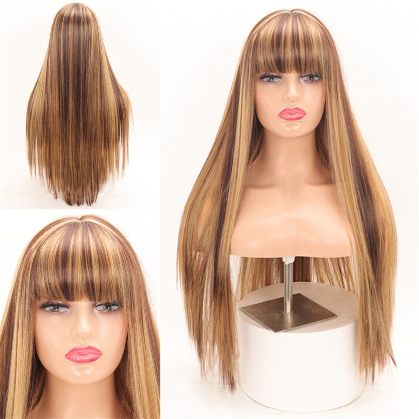 Highlight Wig Brown Wig Wig With Bangs Straight Wig Heat Etsy