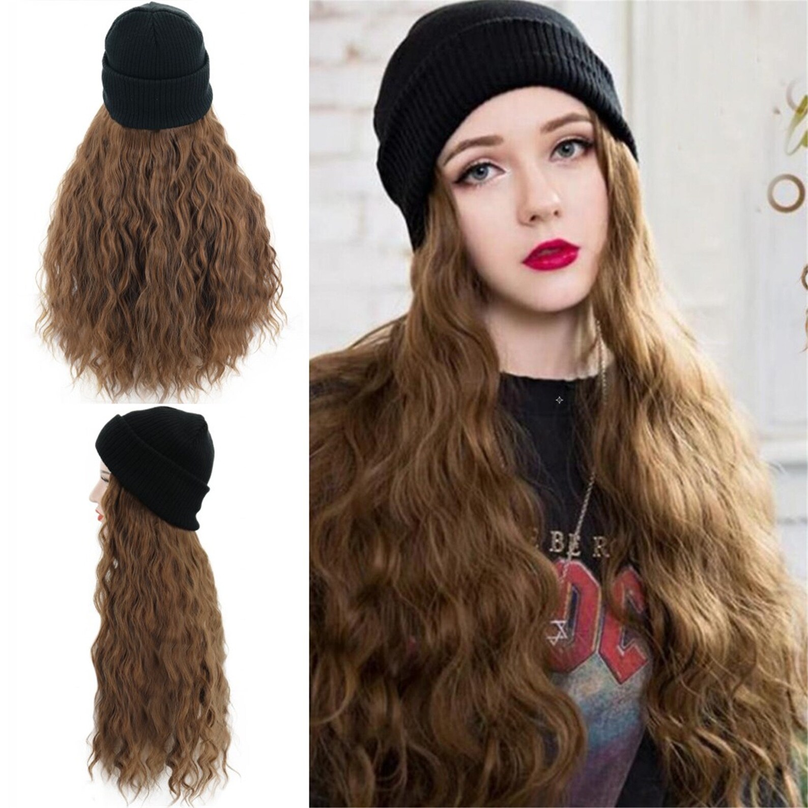 Knitted Hat Wig With Hair Attached/sewn Brown Heat Resistant Etsy