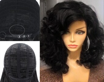 Pretty fluffy wig shoulder length black wig curly wig vintage style wig Side parting wig Synthetic Wig Wavy kinky wig layered wig for ladies