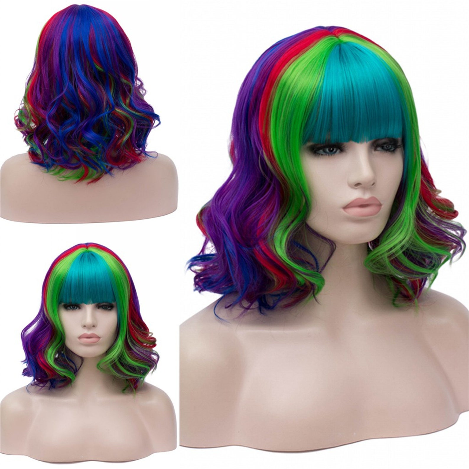 Multi color wavy wig 10 inch wig with bang colorful Wig drama | Etsy