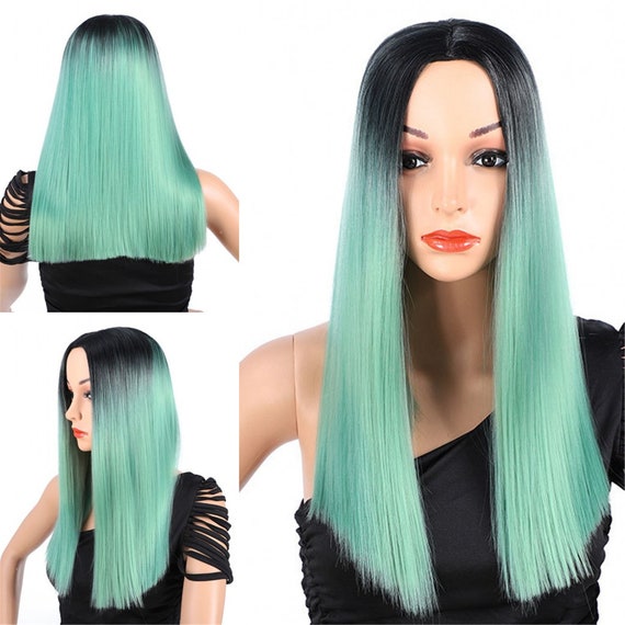 Mint Green Wig Ombre Wig With Black Root Straight Wig 24 Inch Etsy