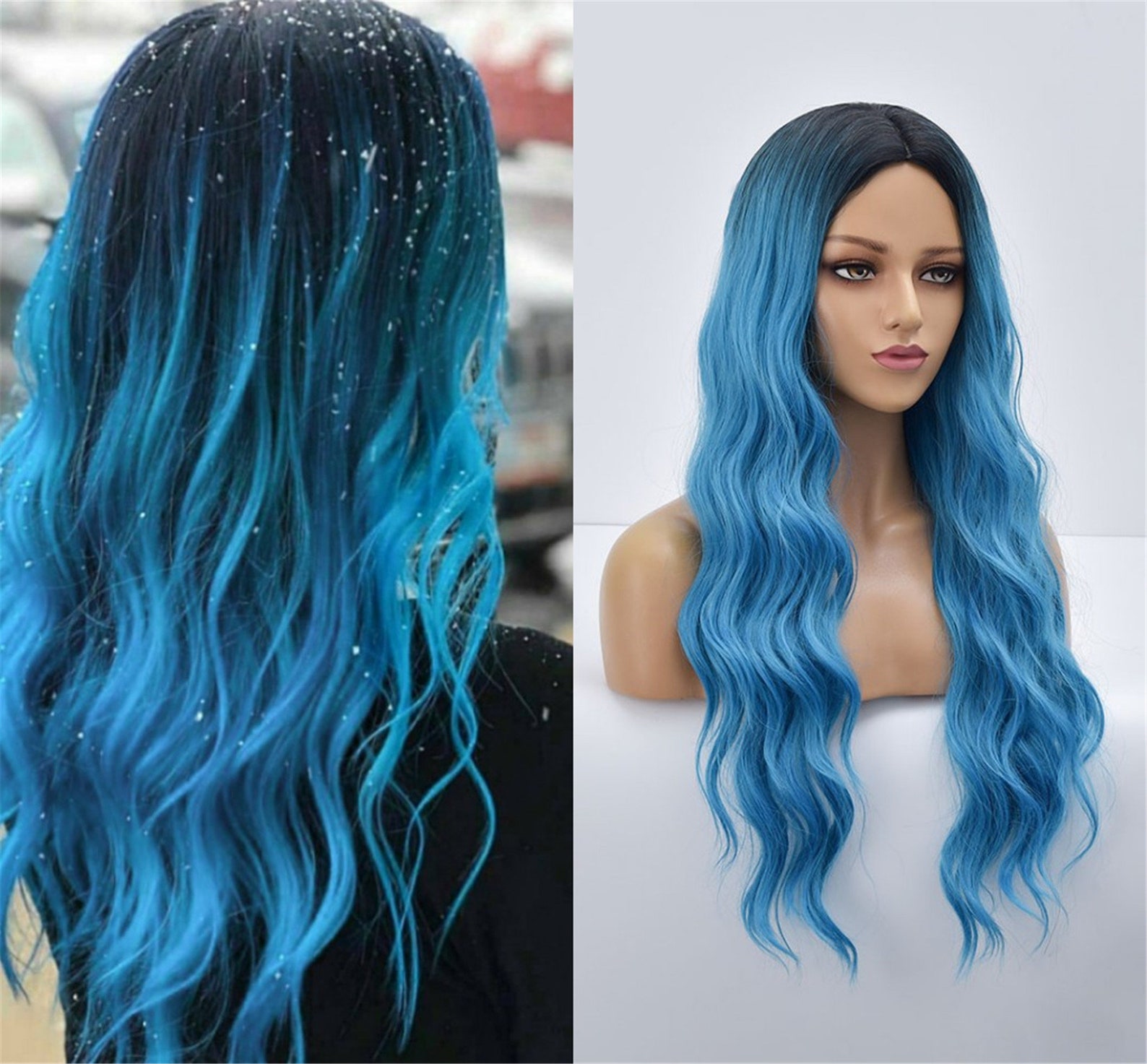 Azure Dark Blue Ombre Wig Natural Wavy Wig 22 Inch Wig With - Etsy