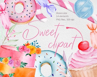 Watercolor birthday sweet candy cupcake clipart food illustration