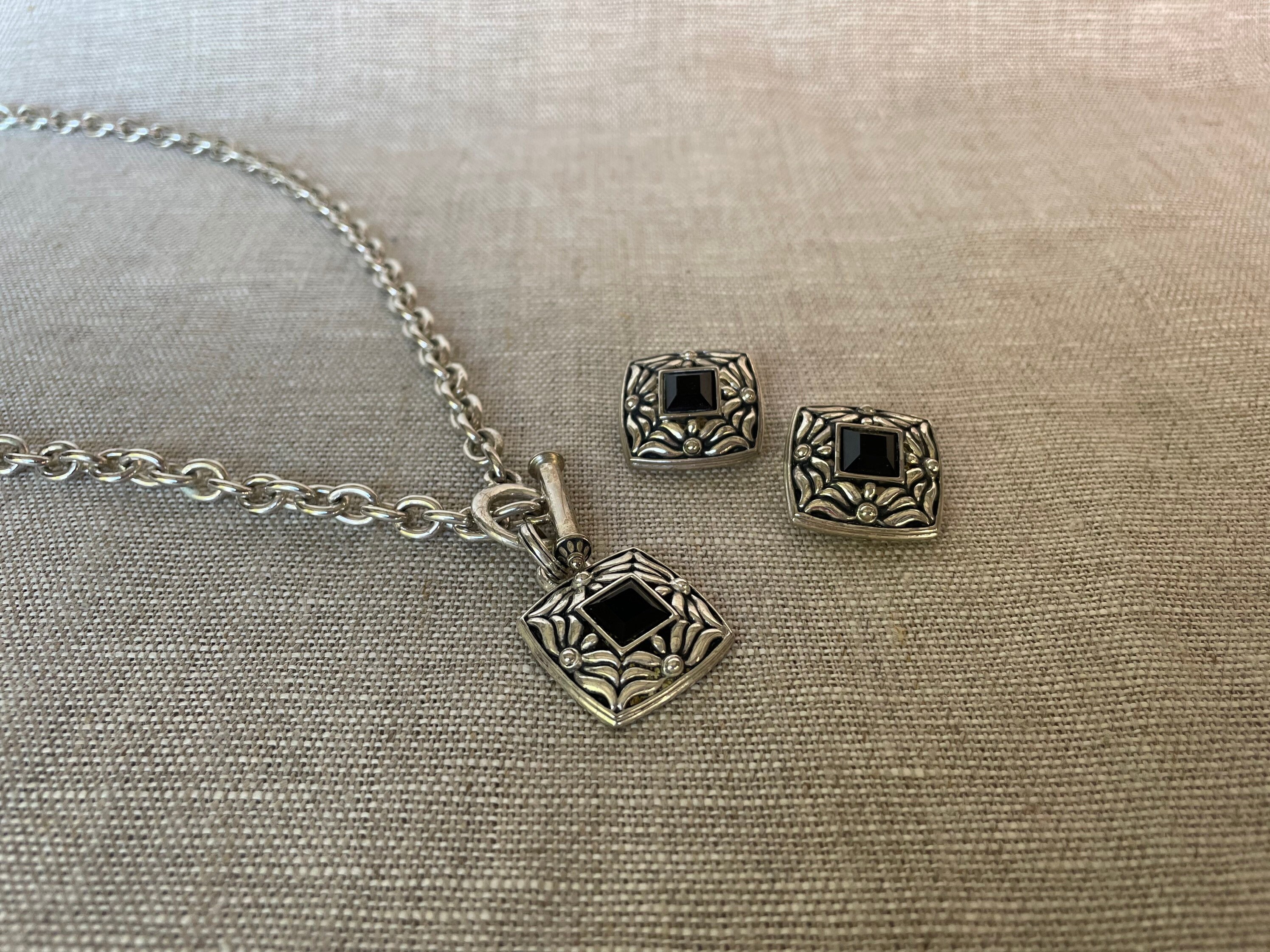 Silver and Jet Necklace and Earring Set