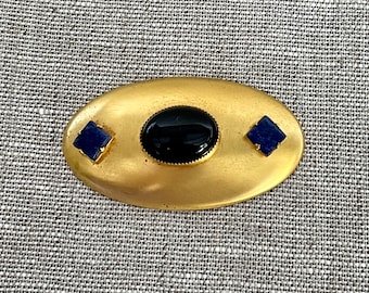 Goldtone Oval Brooch with Jet Cabochon and Lapis Lazuli Stones