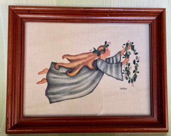 Jean Henry Folk Art Theorem Painting of Angel With Wreath