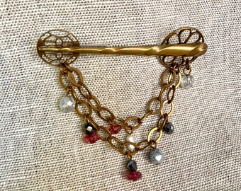 Vintage Marjorie Baer Brooch, Dangle Chains, Pearls, Beaded Pin, USA
