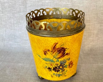 Vintage Decoupage Cache Pot, Brass Trim signed by Henry & Silva