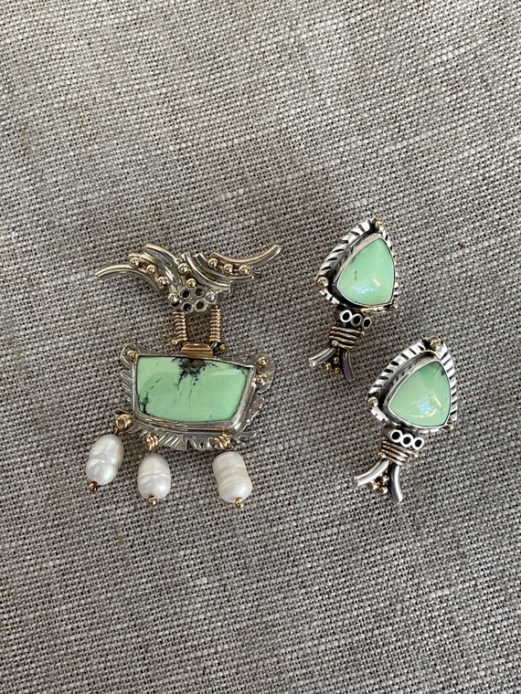 Chrysoprase and Pearl Sterling Silver and 14k Gol… - image 1