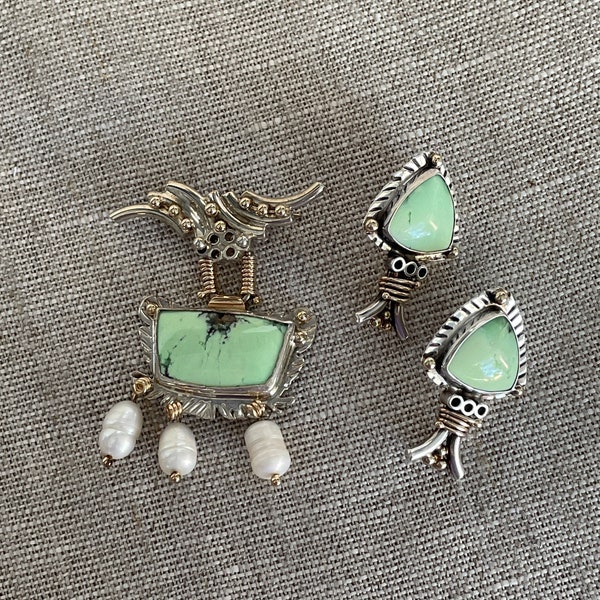 Chrysoprase and Pearl Sterling Silver and 14k Gold Pin/Brooch Handcrafted and Earrings signed by Artist Allyson Christopher. Rare.