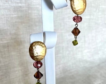Hammered Gold Earrings with Faceted Crystal Graduated Stones in Purple, Gold and Green