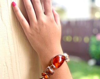 Vintage Amy Kahn Russell Baltic Amber and Cinnamon Druzy Gemstone Sterling Silver Link Bracelet
