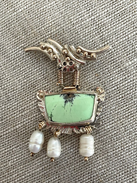 Chrysoprase and Pearl Sterling Silver and 14k Gol… - image 3