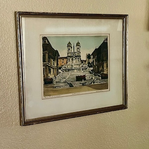 Antique Original Painted Etching by Listed Artist Bela Sziklay, Hungarian, 1911-1981, of Piazza D’Espagna, Roma.  The Spanish Steps in Rome