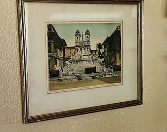 Antique Piazza D’Espagna Etching, Bela Sziklay, Framed