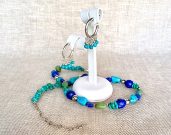 Turquoise Lapis Sterling Necklace and Hoop Earrings Set / Vintage