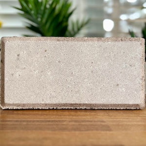May include: A light gray concrete block with a rough texture. The block is rectangular and has a slightly rounded edge.