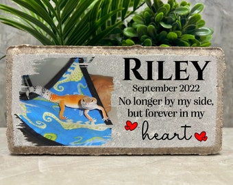 May include: A gray concrete memorial stone with a photo of a lizard on a blue patterned hammock. The stone has the text "RILEY September 2022 No longer by my side, but forever in my heart" with two red hearts.