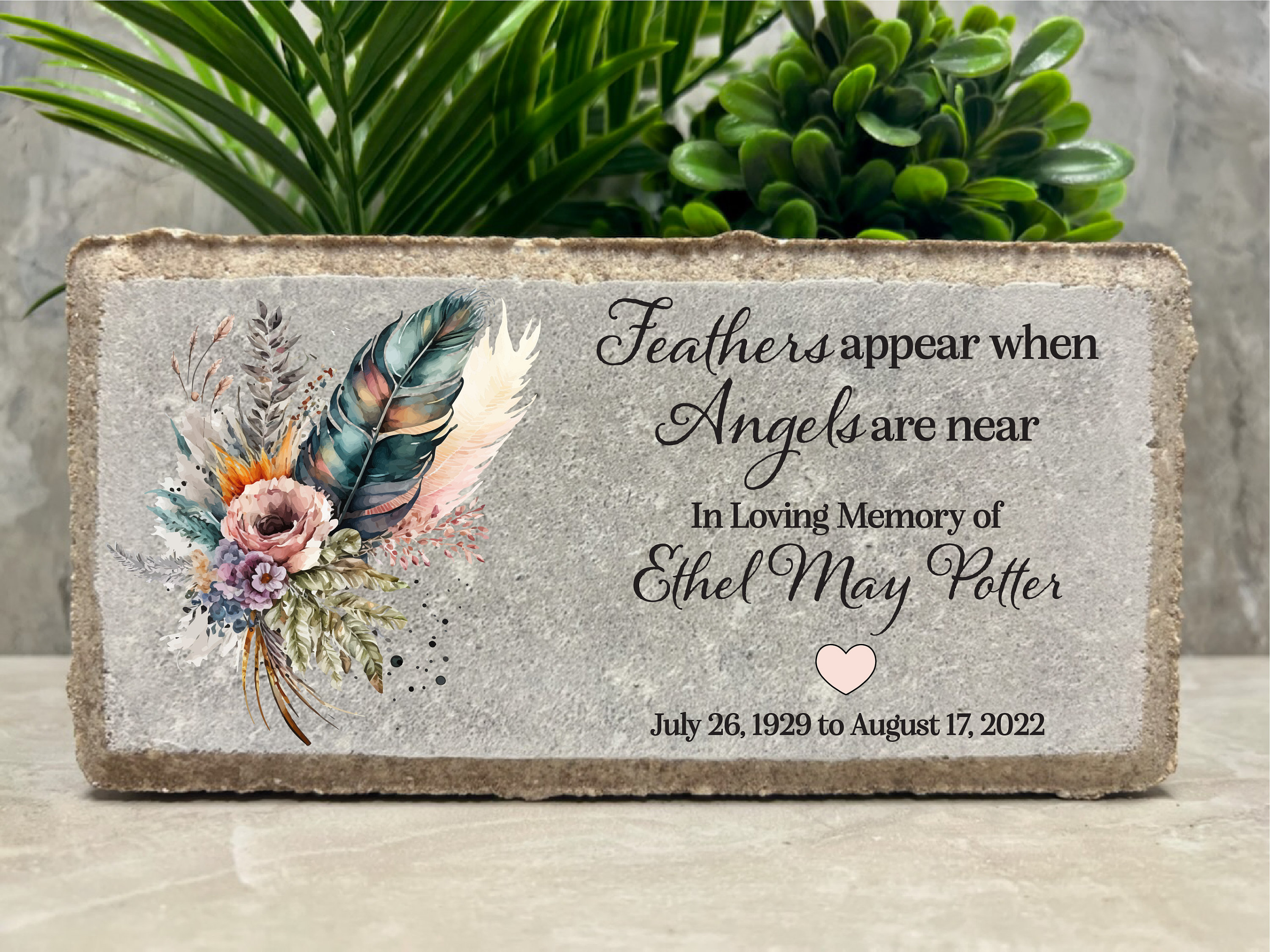 Personalized Memorial Stone: Feather Design, Concrete Burial Marker