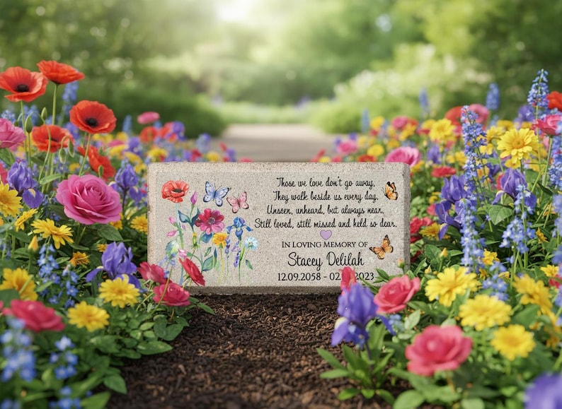 Personalized Memorial Stone: Concrete Burial Marker, Sympathy Gift, Colorful Wild Flowers image 1