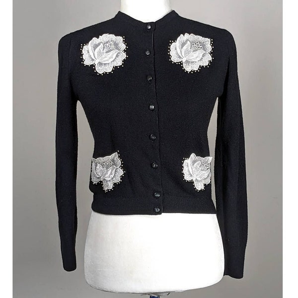 Vintage 1950s Dur-Lan Acrylic Black Embroidered Floral Cardigan Sweater