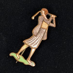Antique Vintage Art Deco Small Shimmery Enamel Golfer Girl Pin Brooch