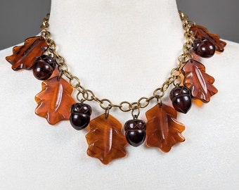 Vintage 1930s Carved Bakelite Root Beer Brown Fall Leaves Acorn Charms Necklace