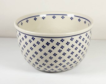 Made in Poland Pottery Blue and White Dotted Daisy 8" Mixing Bowl